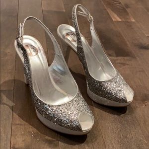 Silver sparkle peep toe heels